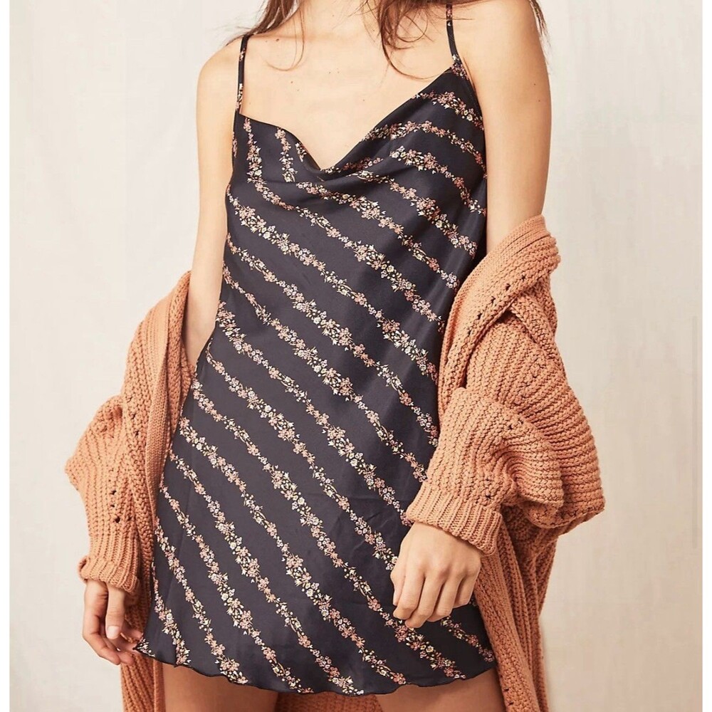 Black Floral Slip Midi Dress with Cowl Neck